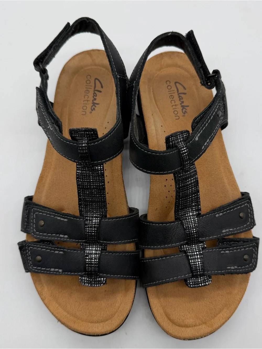 Clarks April Cove Flat Sandals Women 7.5 Black Leather Hook & Loop Comfort Boho